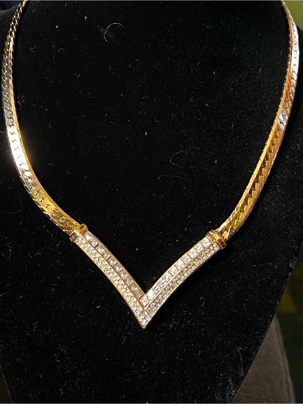 Vintage Christian Dior Gold Tone V Crystal Rhinestone Necklace